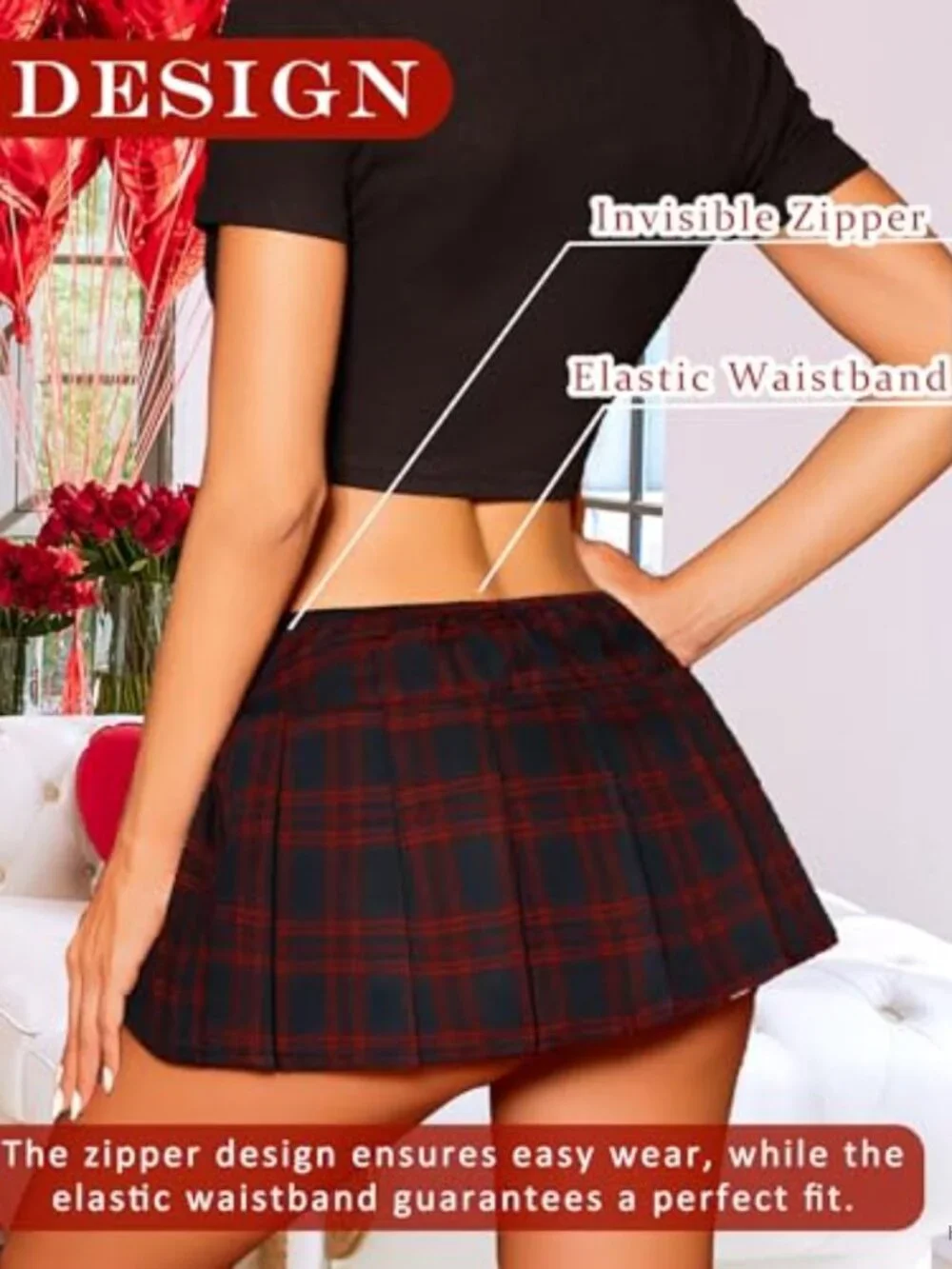 Women's Pleated Plaid Mini Skirt Elastic Waist, Sexy Schoolgirl Costume with